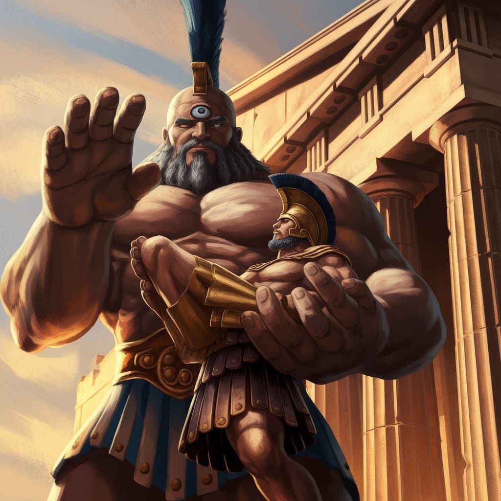 Cyclops Giant Holding Greek Warrior in Sunlight