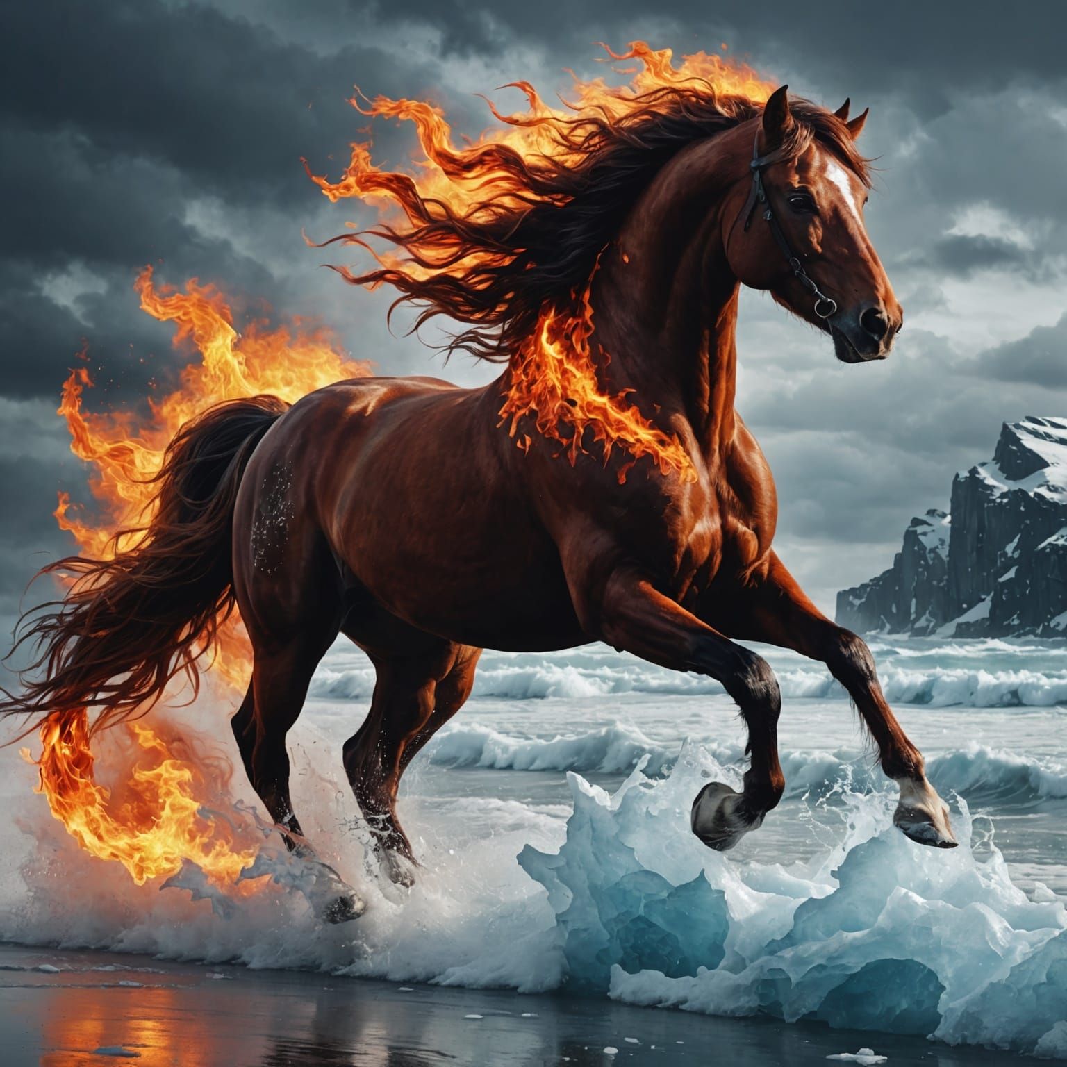 Fiery Stallion and Icy Mare Galloping on Stormy Shore