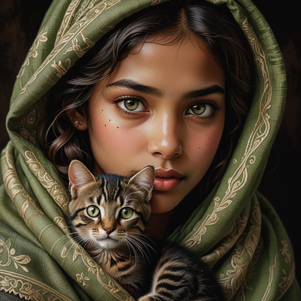 Young Girl and Kitten Portrait in Realistic Digital Painting...