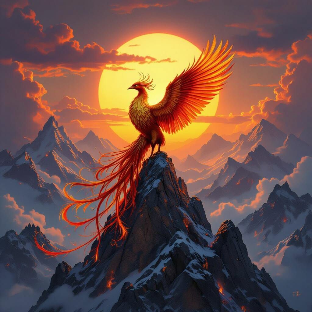 Phoenix on Crystal Peak Under Double Sunset