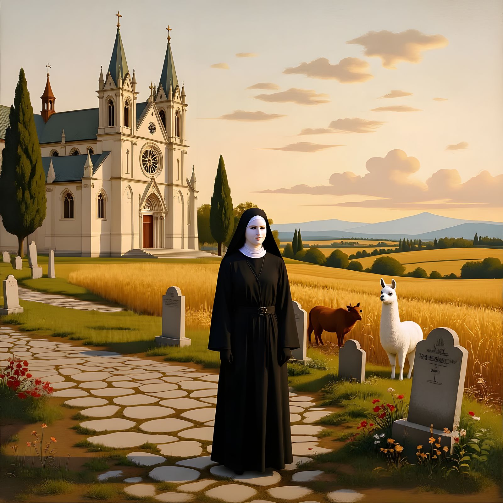 Cathedral Beside Graveyard in Giotto di Bondone Style