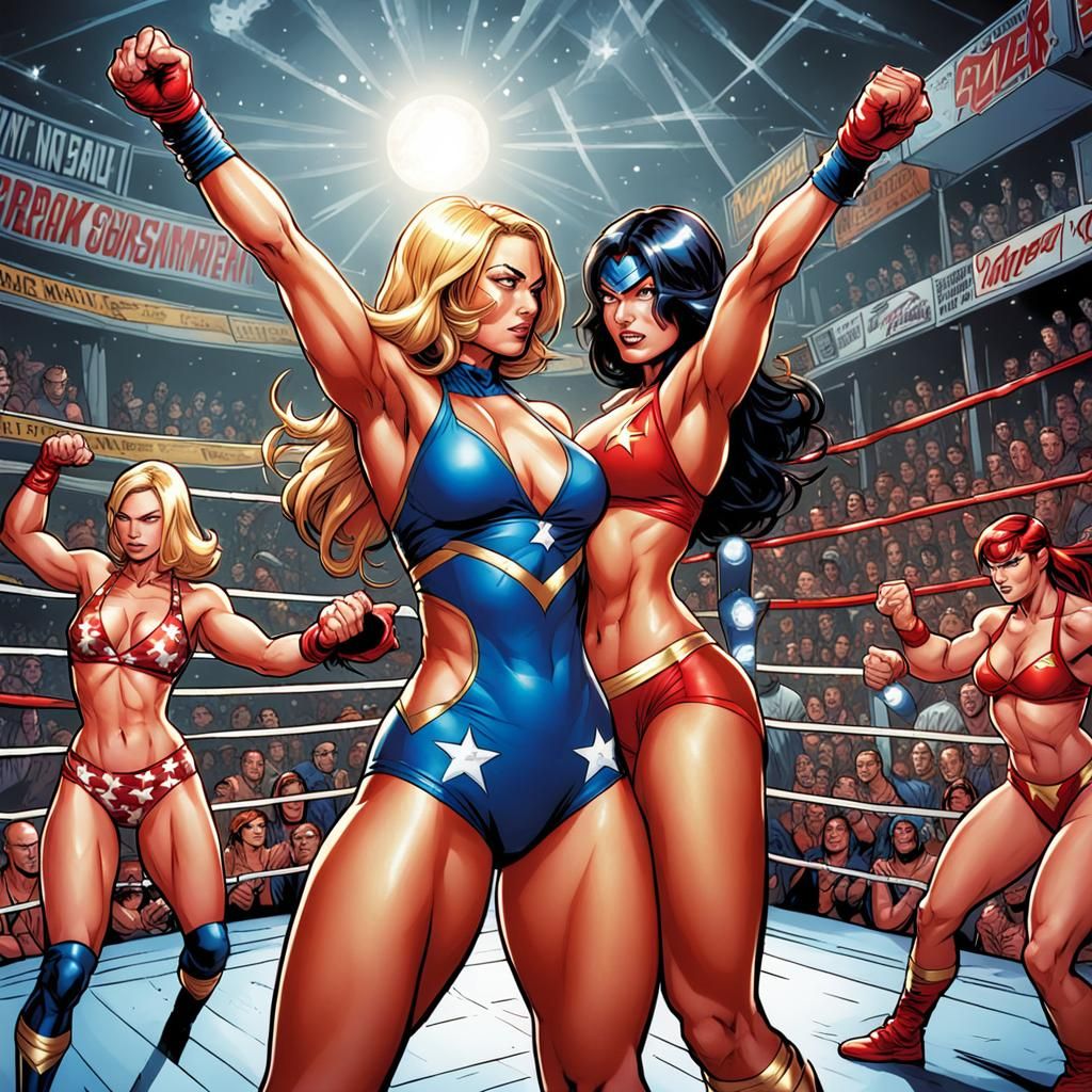 Super Girls Bikini Wrestling in Comic Book Art Style