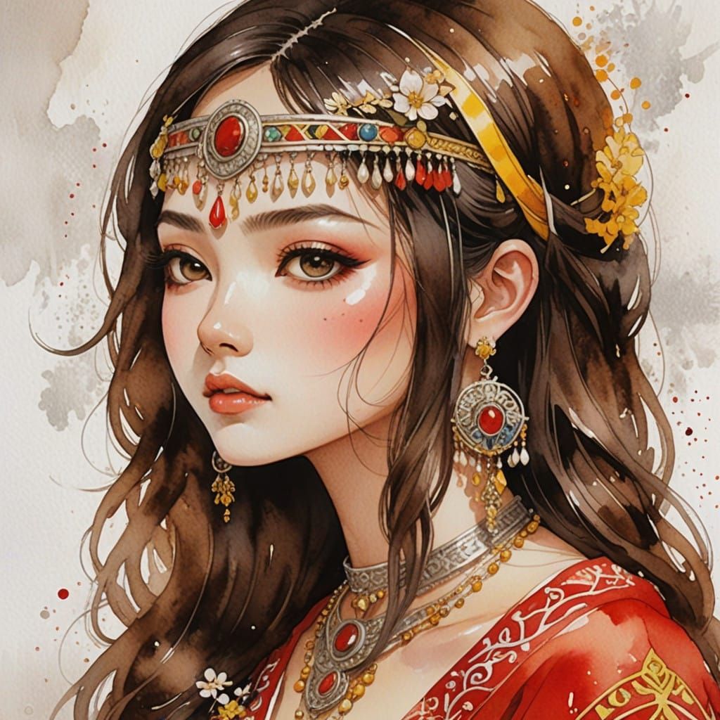 Watercolor Portrait of a Kabyle Girl in Traditional Manga An...