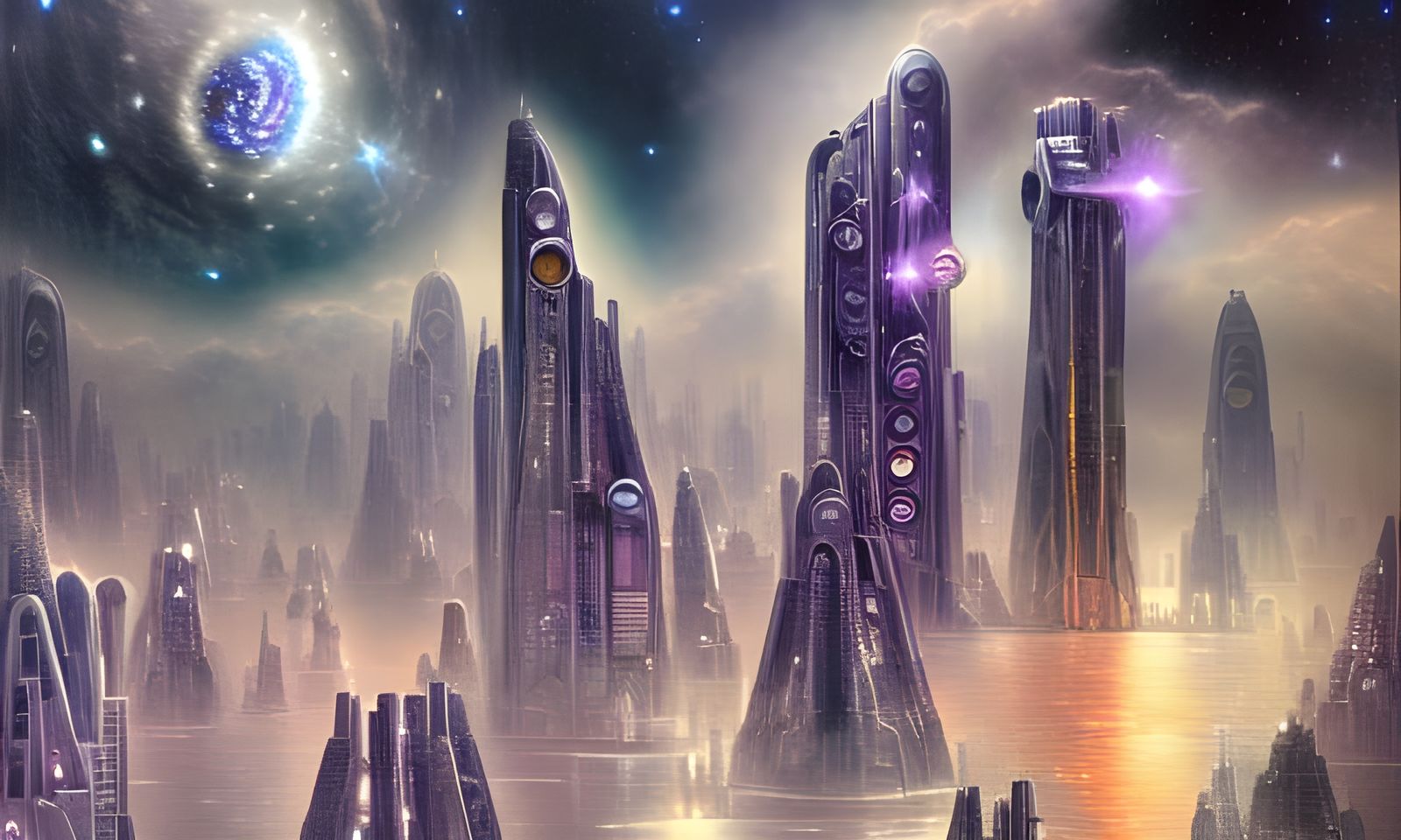Futuristic Metropolis Above Water: Cosmic Digital Art
