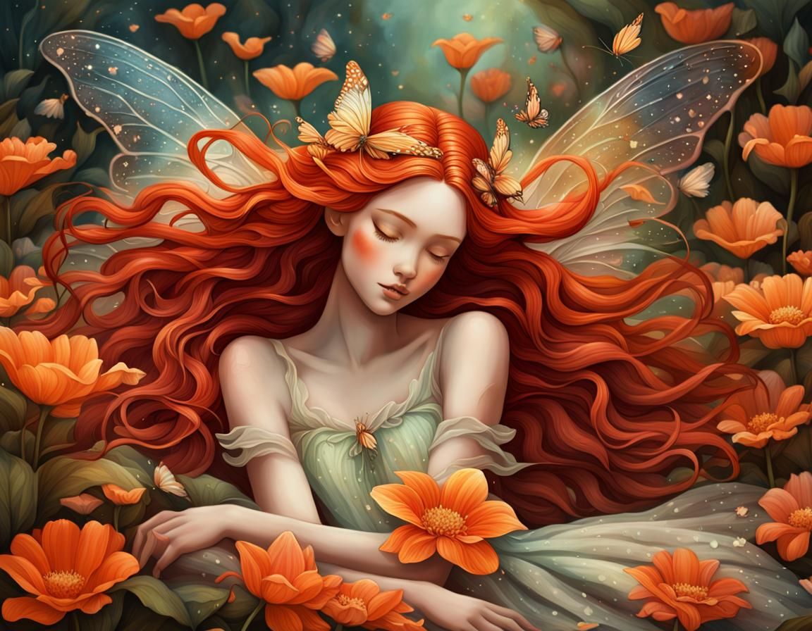 Red-Haired Fairy Resting in Oversized Flower: 3D Anime Art