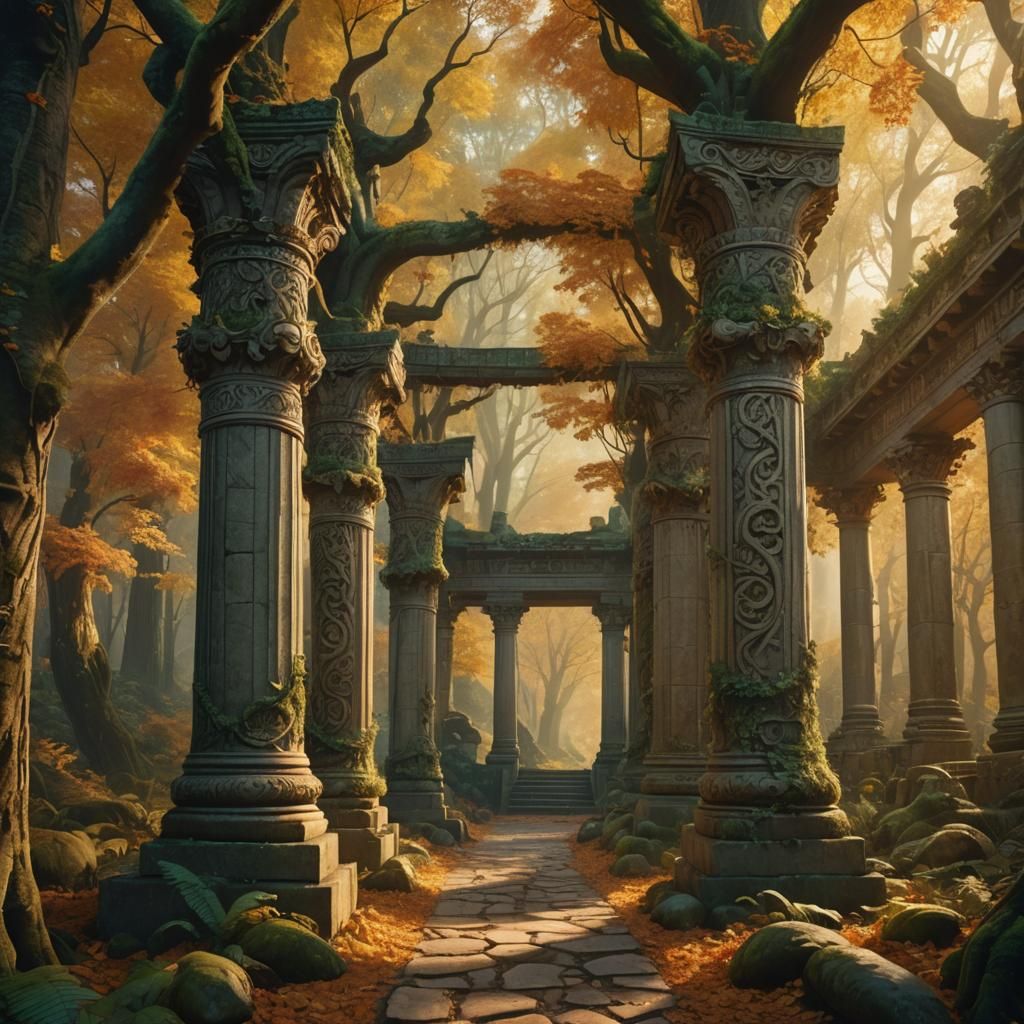 Autumn Forest Path with Carved Columns