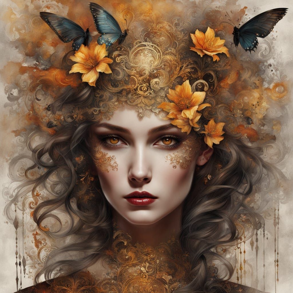 Elegant Fantasy Woman Portrait in Golden Silk Avantgarde Cou...