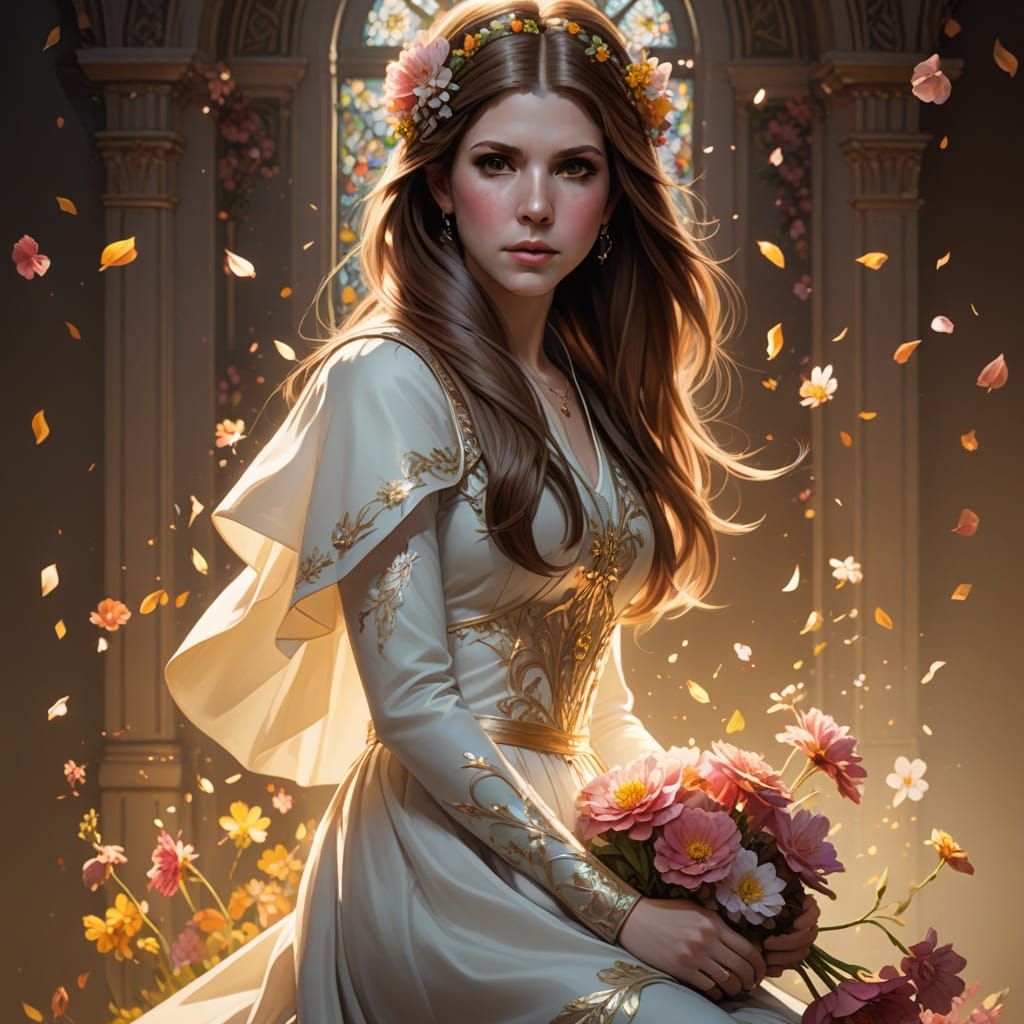 Anna Kendrick Portrait with Flowers, Hyperdetailed Art