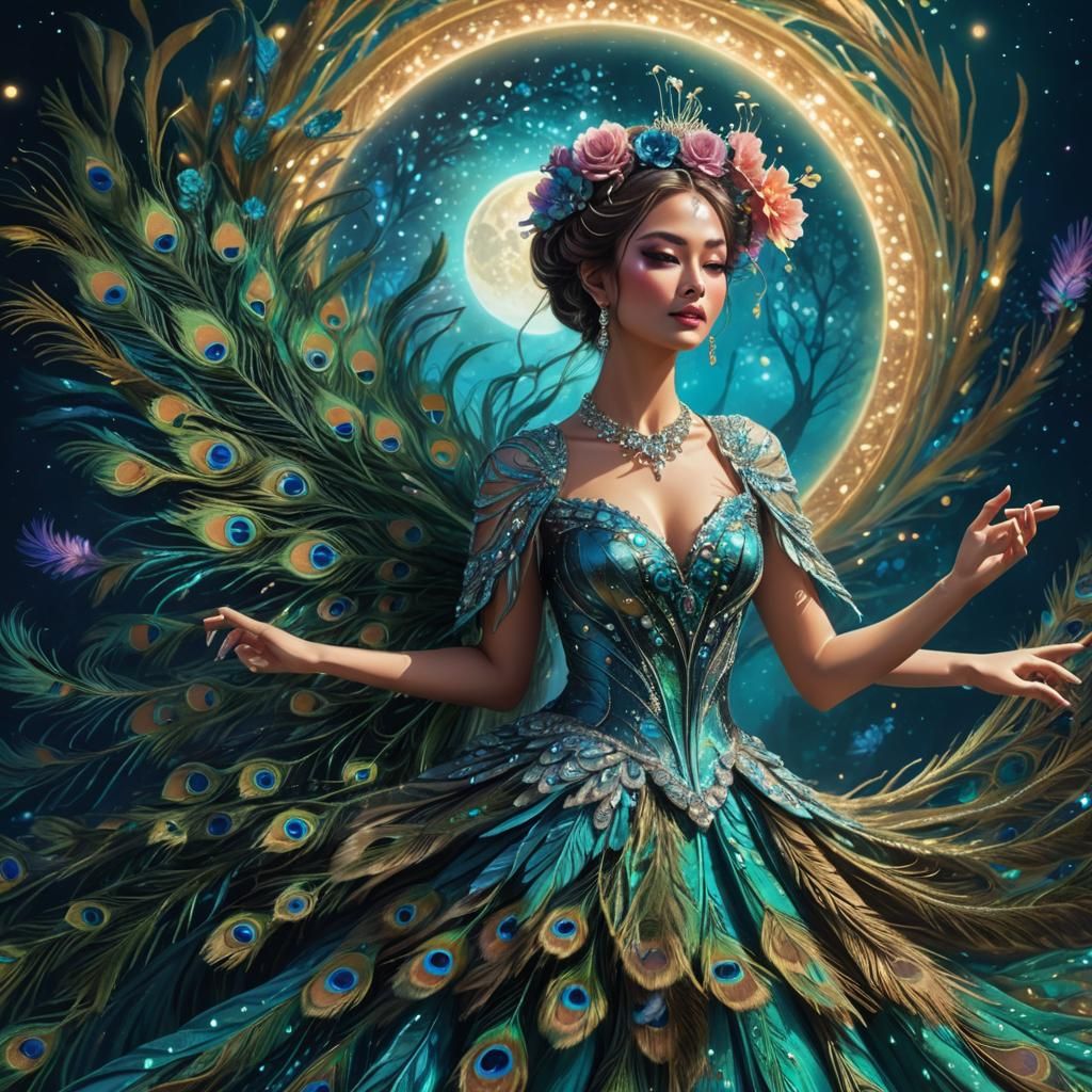 Peacock Goddess Dancing Under the Moon in Fantasy Realism