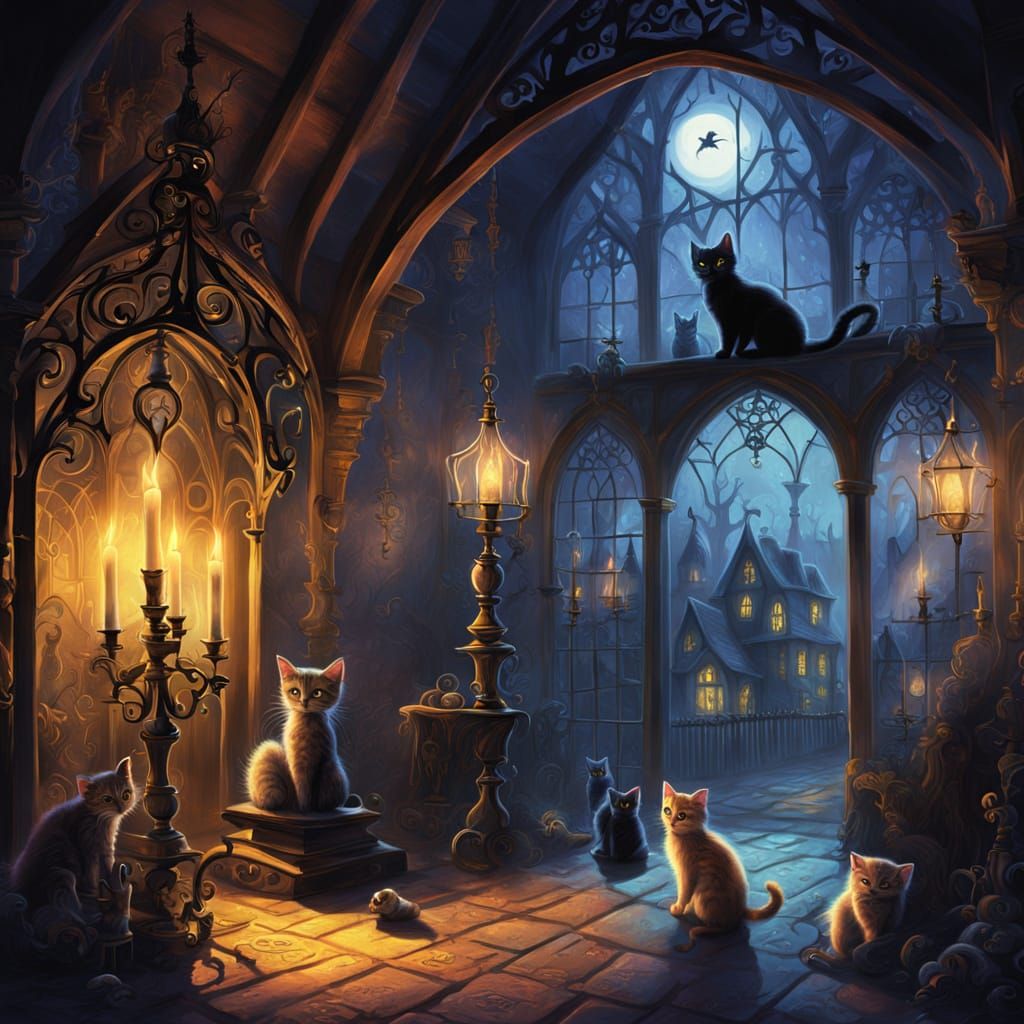 Gothic Witch and Kittens in Tim Burton Style