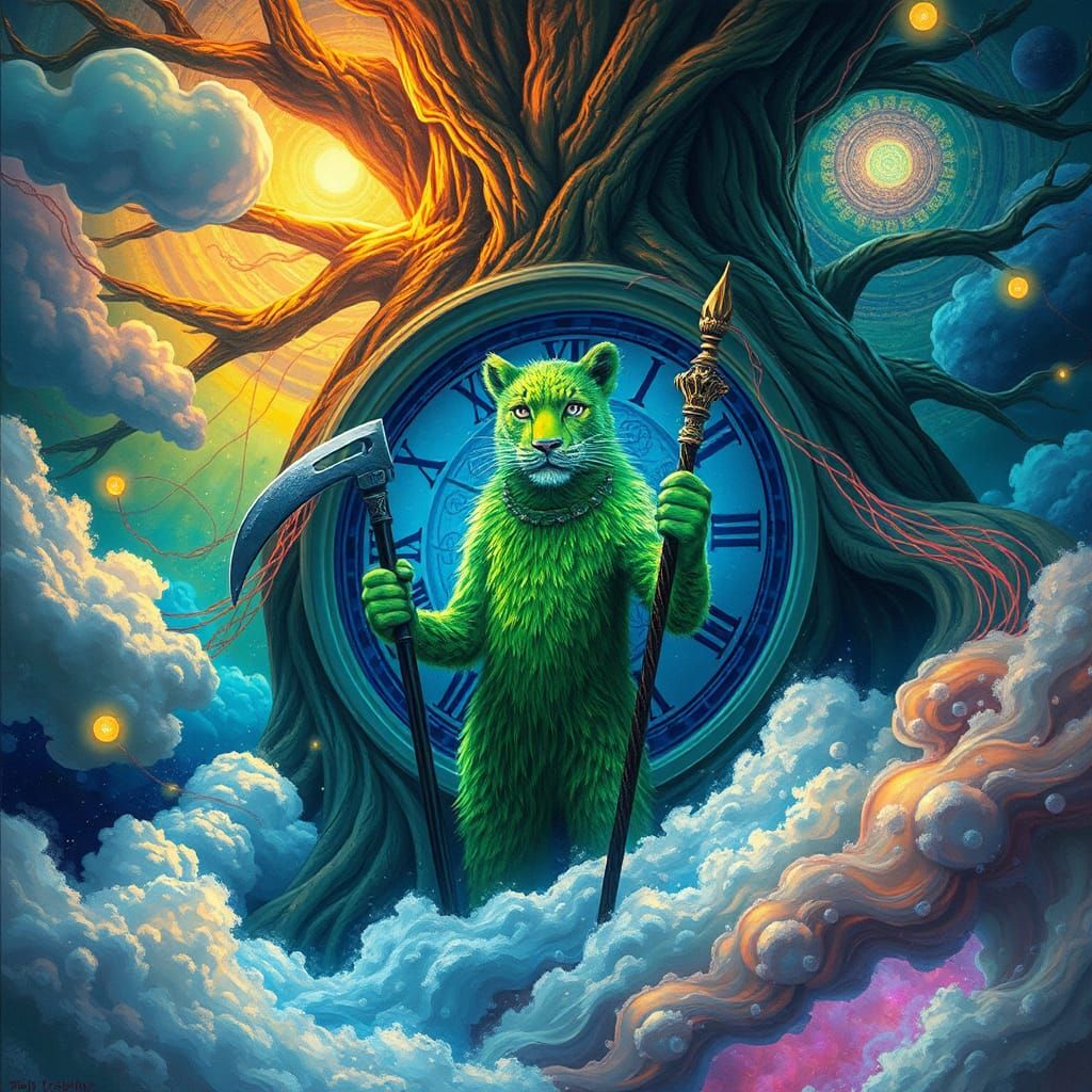 Green Snow Leopard Man in Time Tree