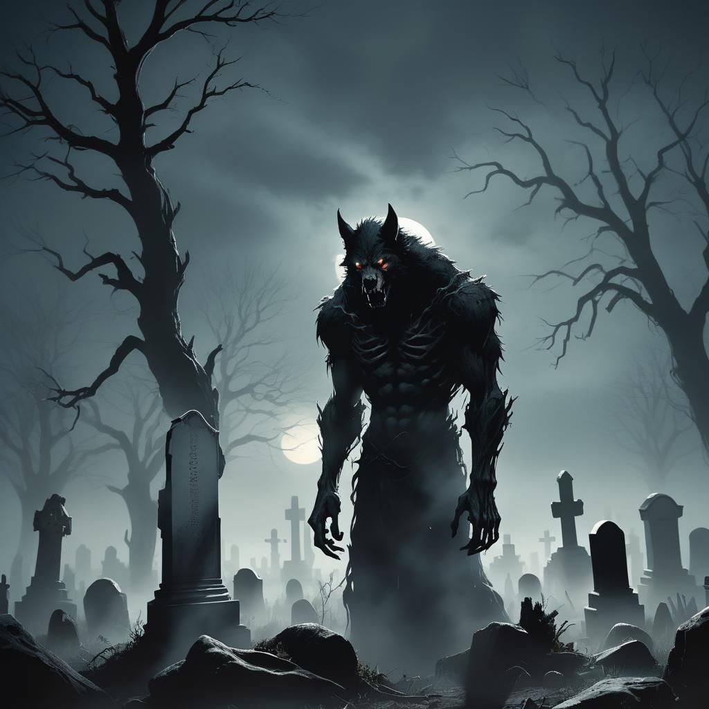 Werewolf in Mist-Filled Cemetery: Dark Fantasy Art