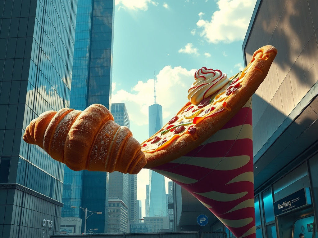 Hyperrealistic Food in Urban Landscape, Digital Art