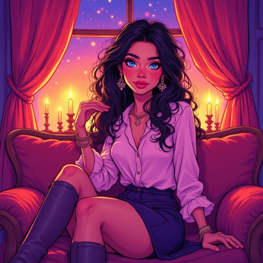 Woman Sitting on Sofa in Candlelit Room, Cartoon Style