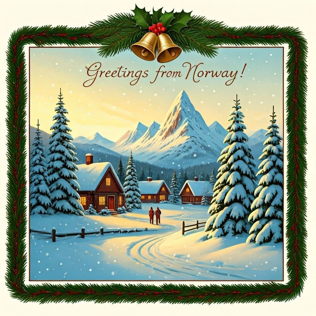 Norwegian Winter Village Christmas Card in Thaulow Style