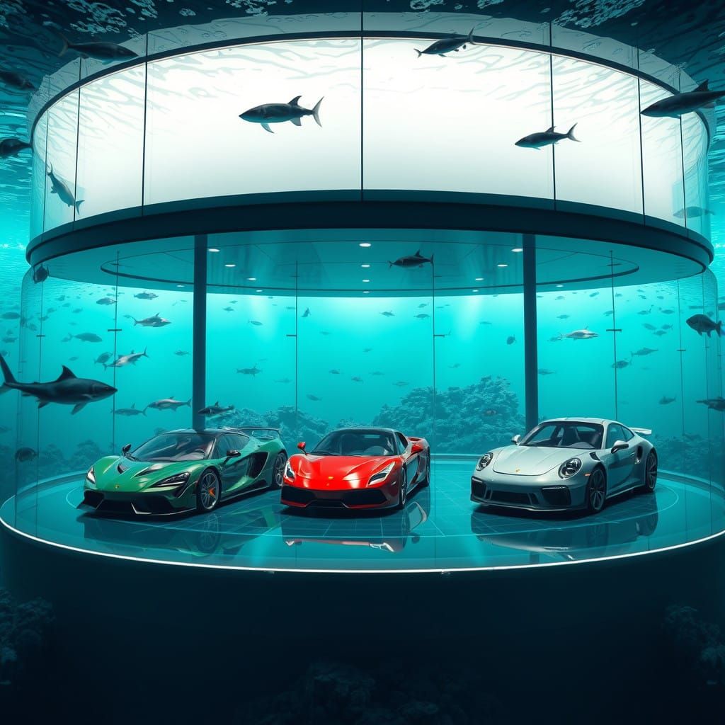 Glass Ocean Sanctuary with Sharks and Luxury Cars in Futuris...