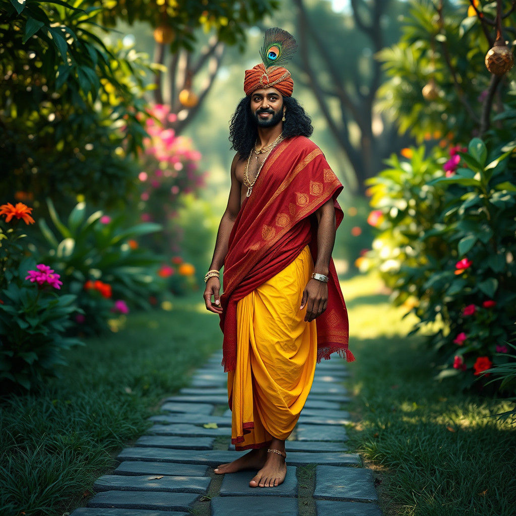 Serene Man in Garden with Peacock Feather
