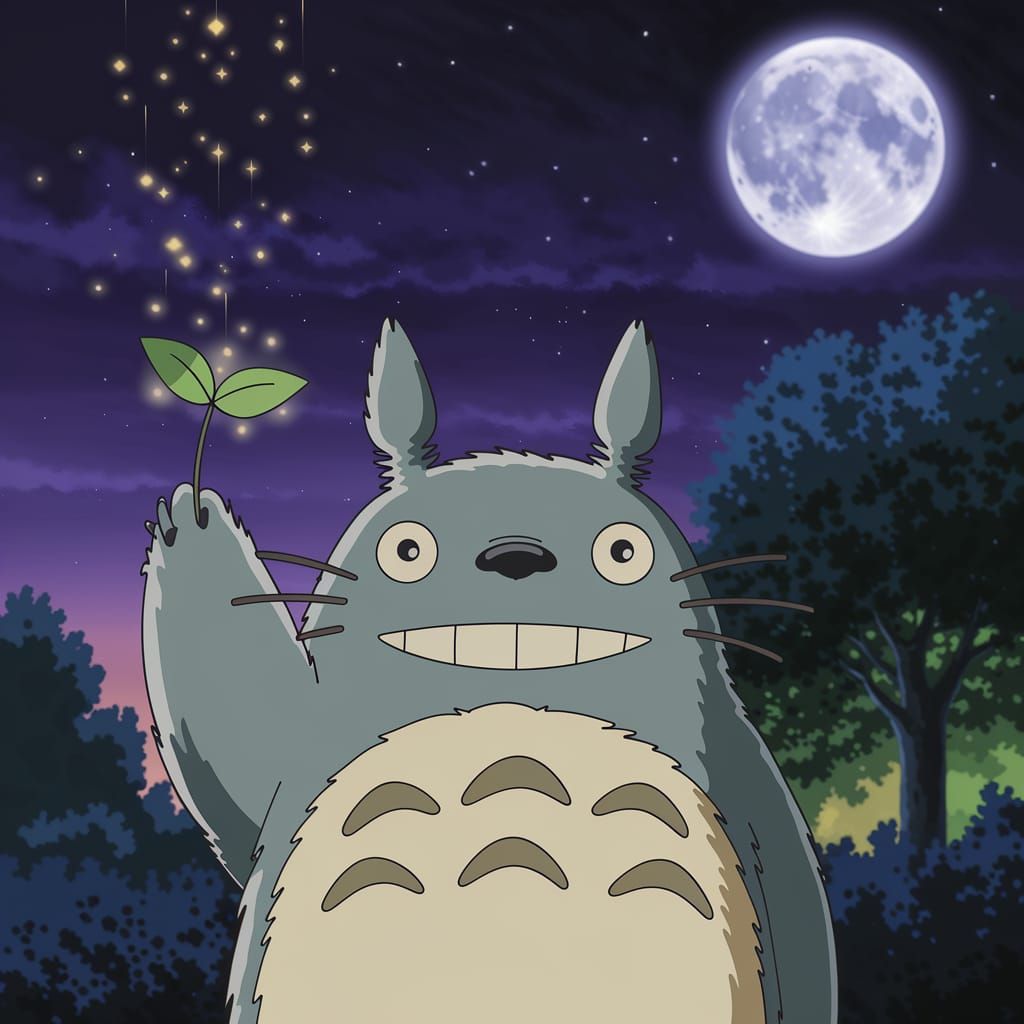 Totoro in Dreamlike Anime Scene with Glowing Stars and Moonl...