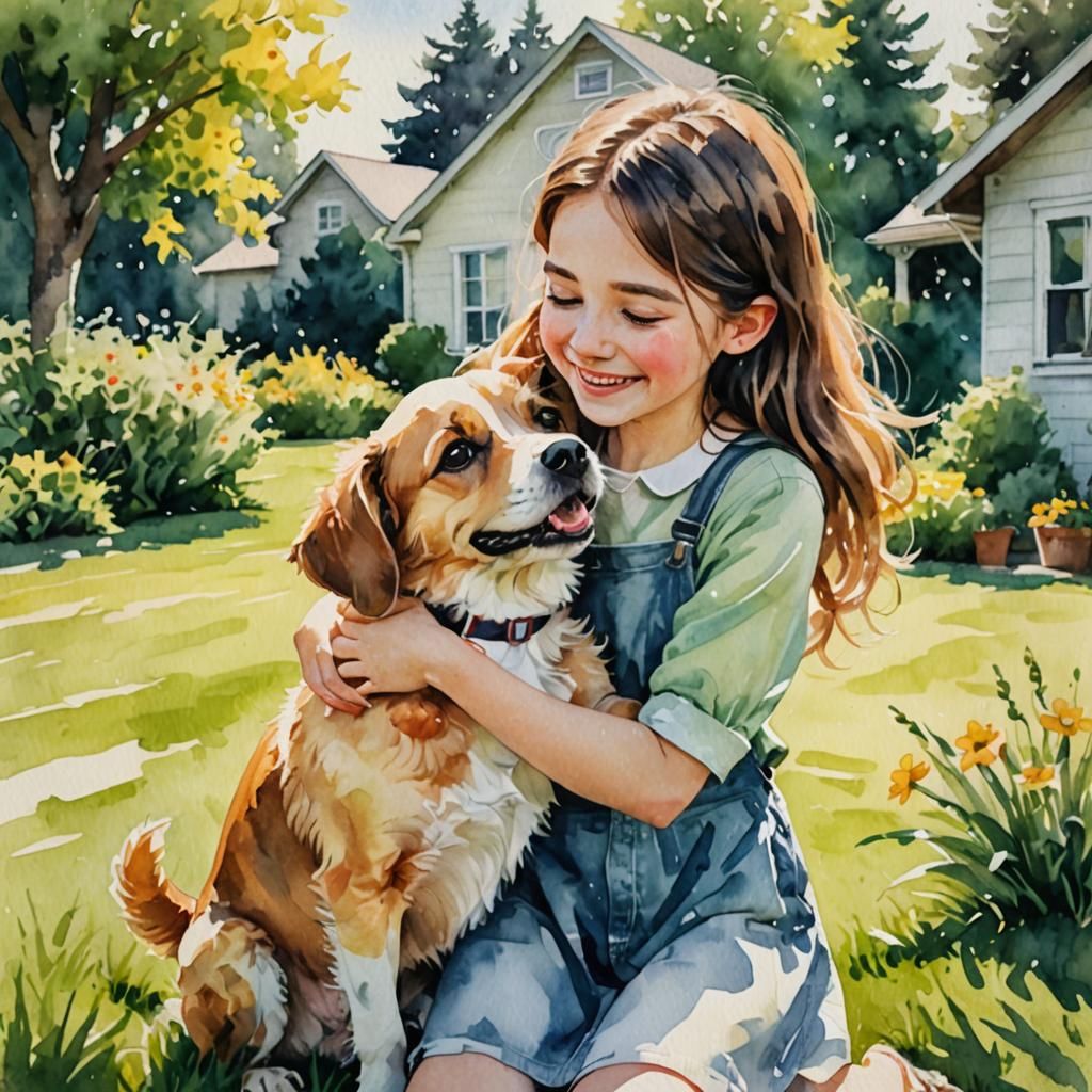 Watercolor Painting of Girl Hugging Dog