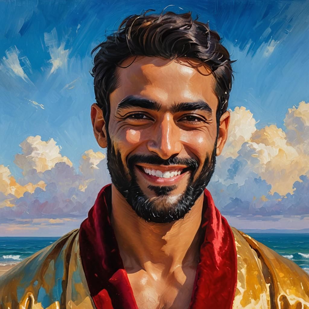 Joyful Man in Golden Robe, Impressionist Oil Painting