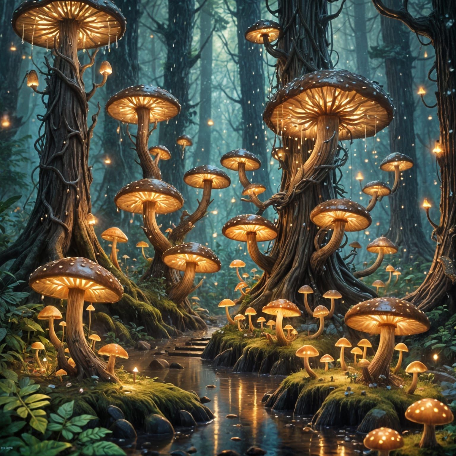 Pixies Illuminate a Misty Redwood Forest in Digital Painting