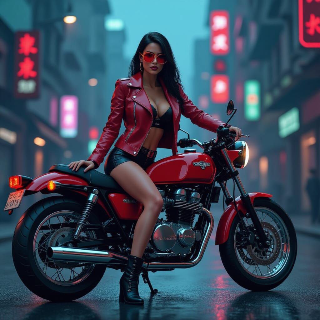 Cyberpunk Aphrodite on Motorcycle in Neon Cityscape