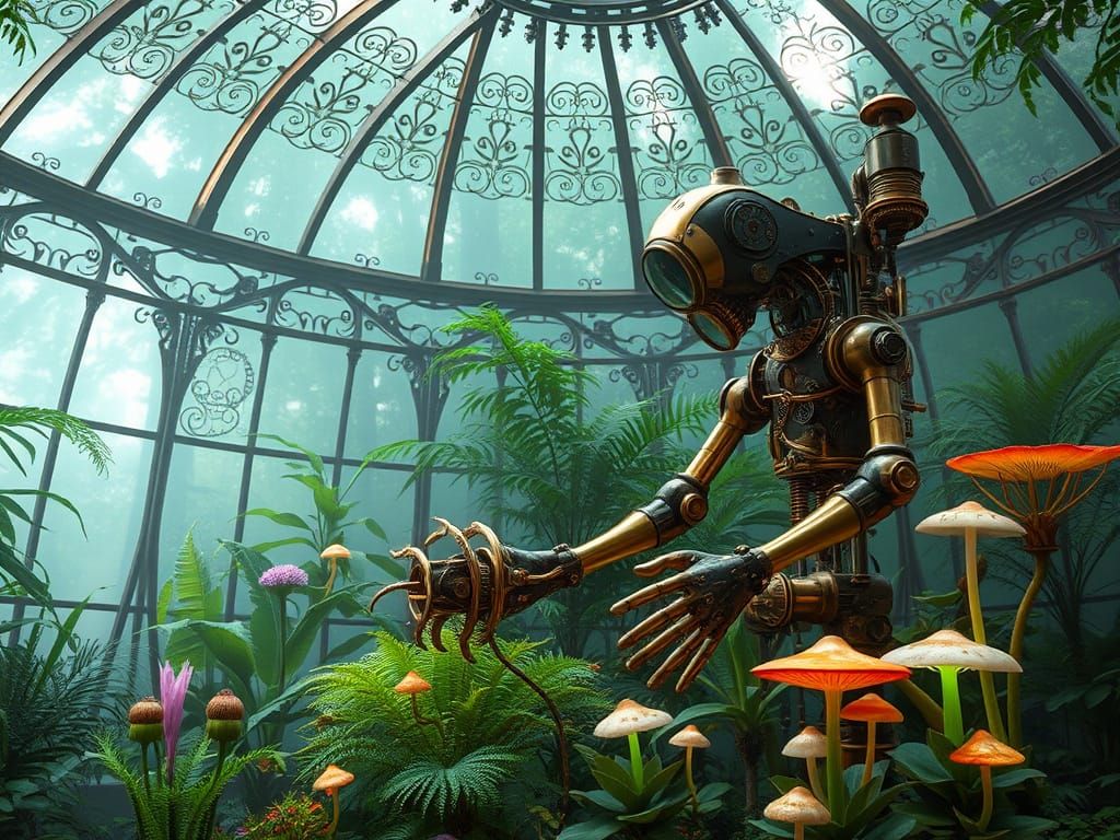 Steampunk Automaton in Bioluminescent Garden