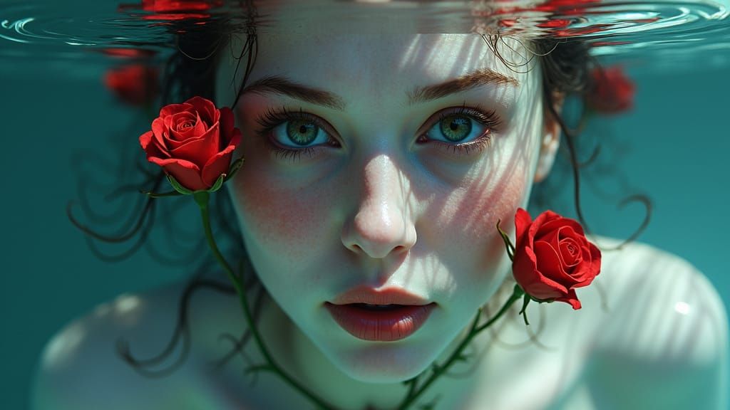 Ethereal Water Scene with Roses and Submerged Figures