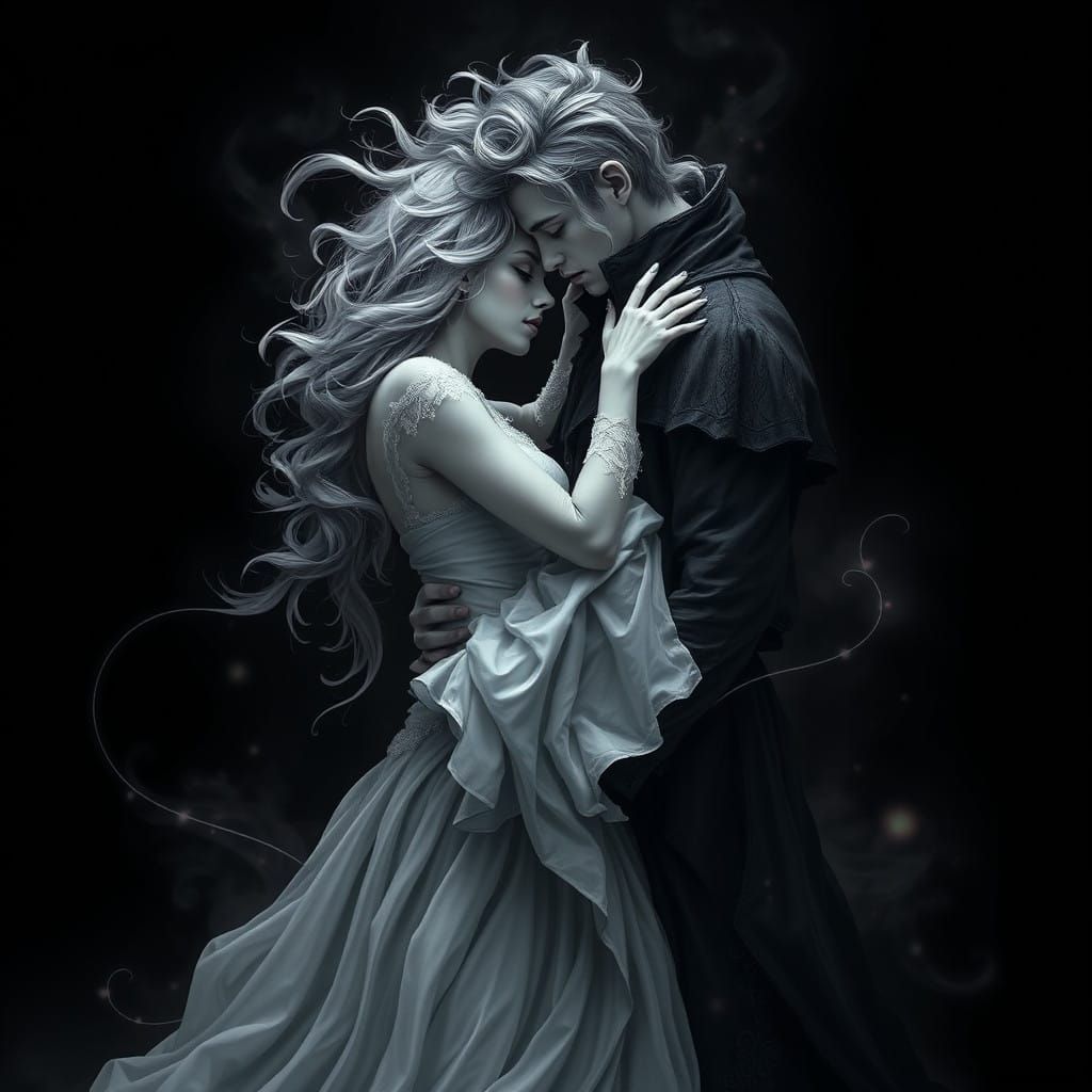 Ethereal Gothic Lovers Embracing in a Dark, Dreamlike Realm