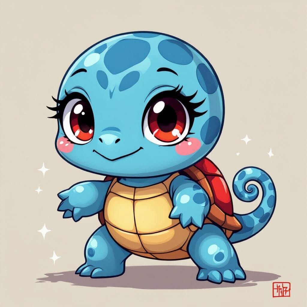 Playful Chibi Turtle with Red Eyes in Pastel Colors
