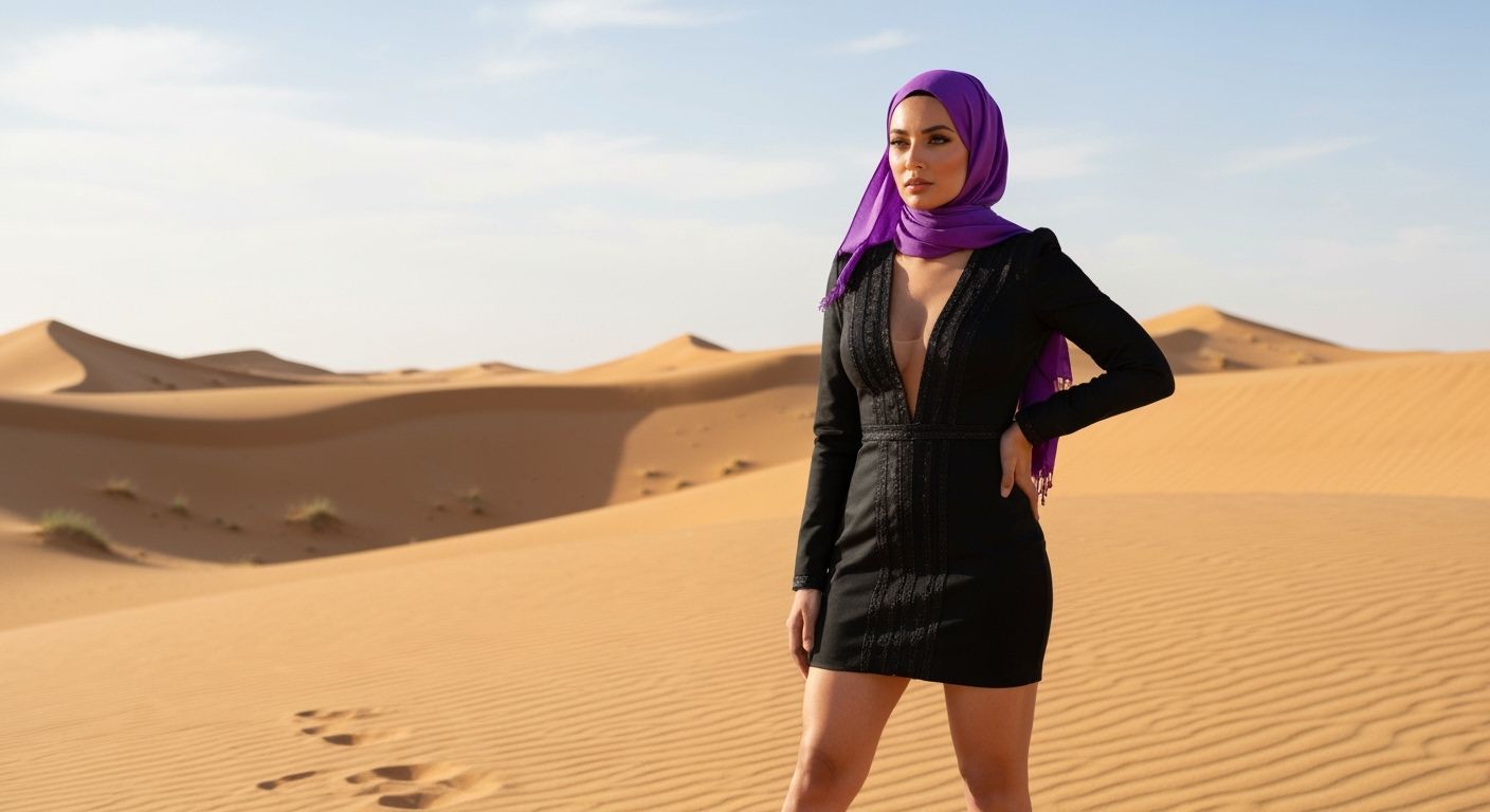 Desert Fashion: Woman in Dress and Hijab, Art Nouveau Style