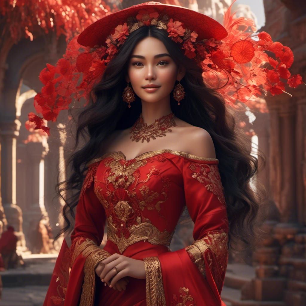 Voluptuous Filipina in Red Dress: Detailed Digital Art