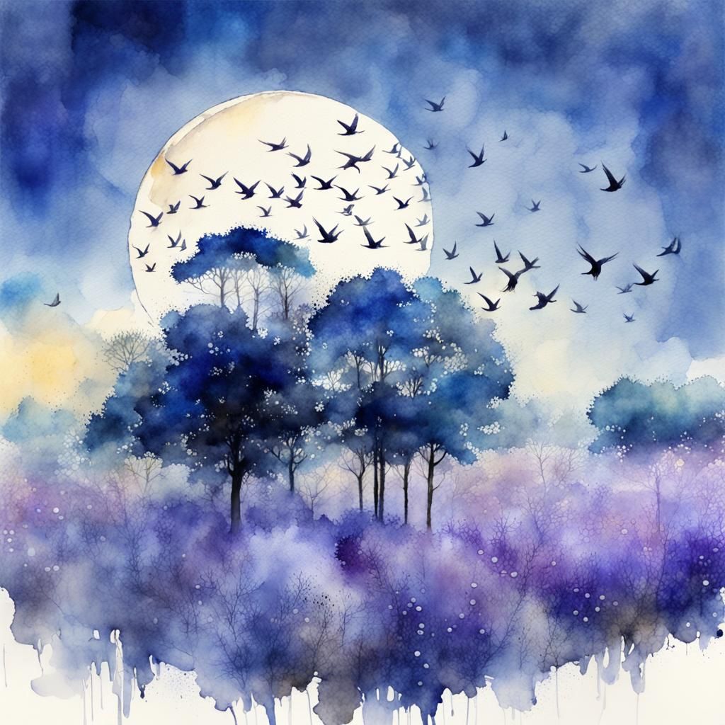 Blue Forest Moonscape in Watercolor Art Brut Style