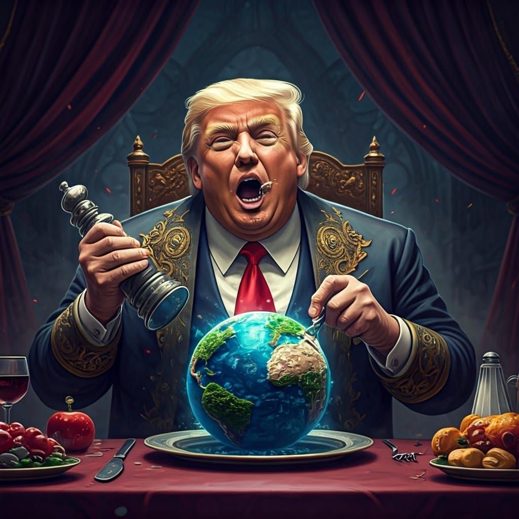 Trump Devours the World in Dark, Fantastical Feast
