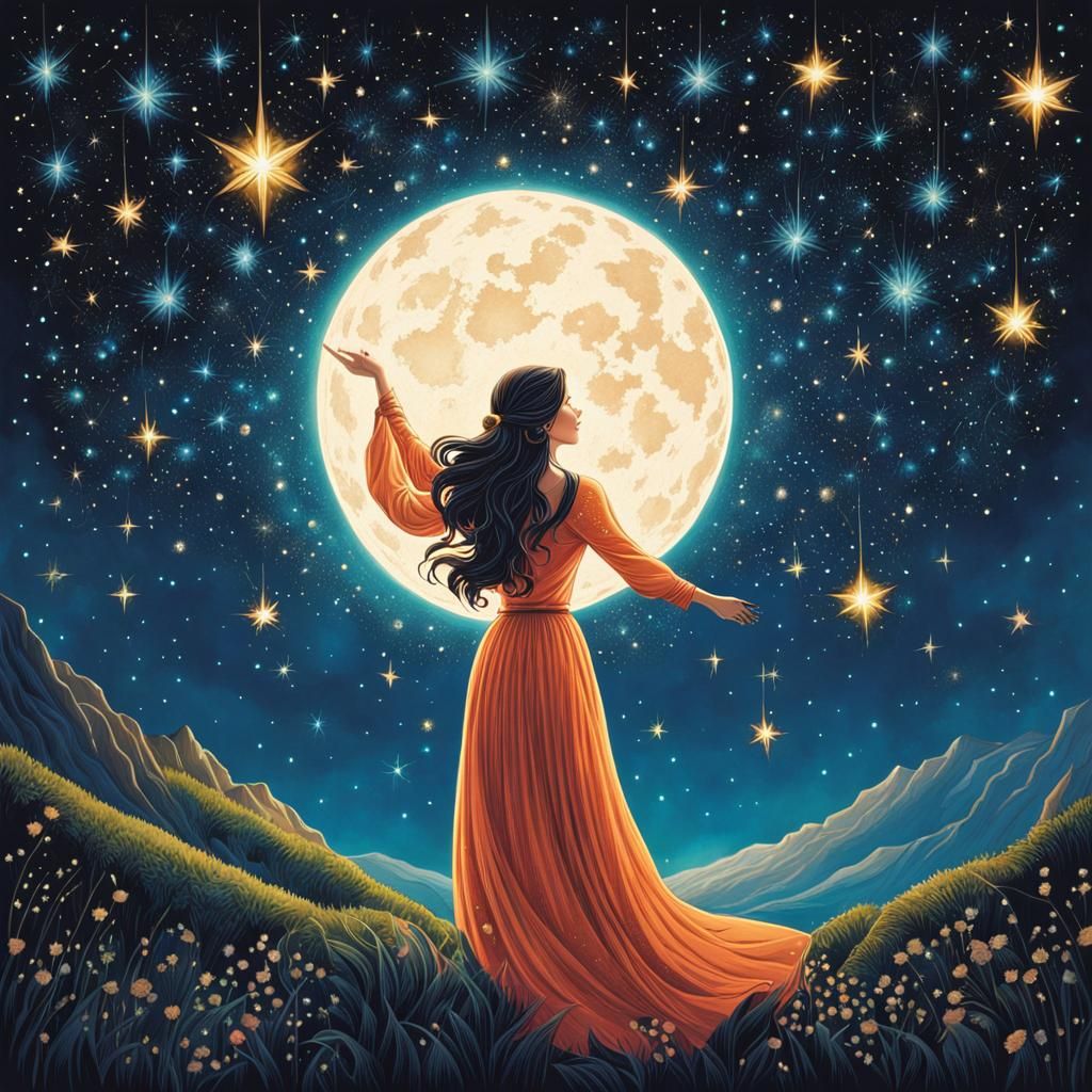 Elvish Woman Stargazing at Night Sky Illustration