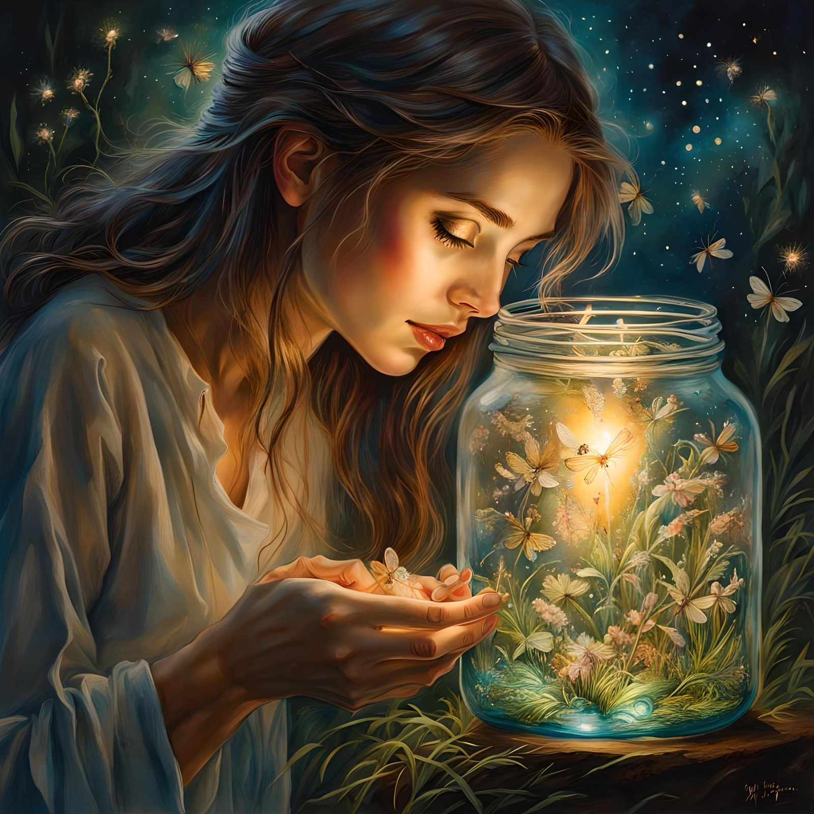 Girl with Fireflies Jar: Ink and Watercolor Art