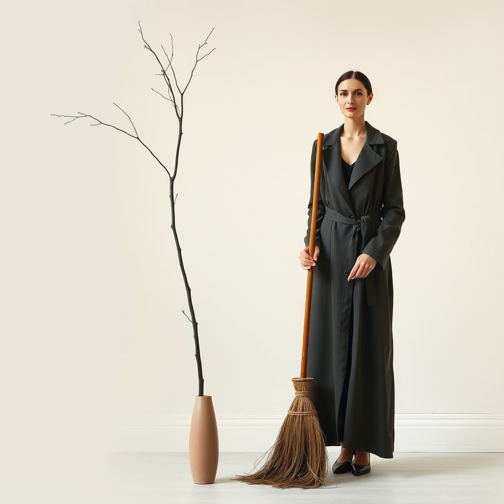 Woman Contemplating Twigs and Broom in a Surrealist Scene
