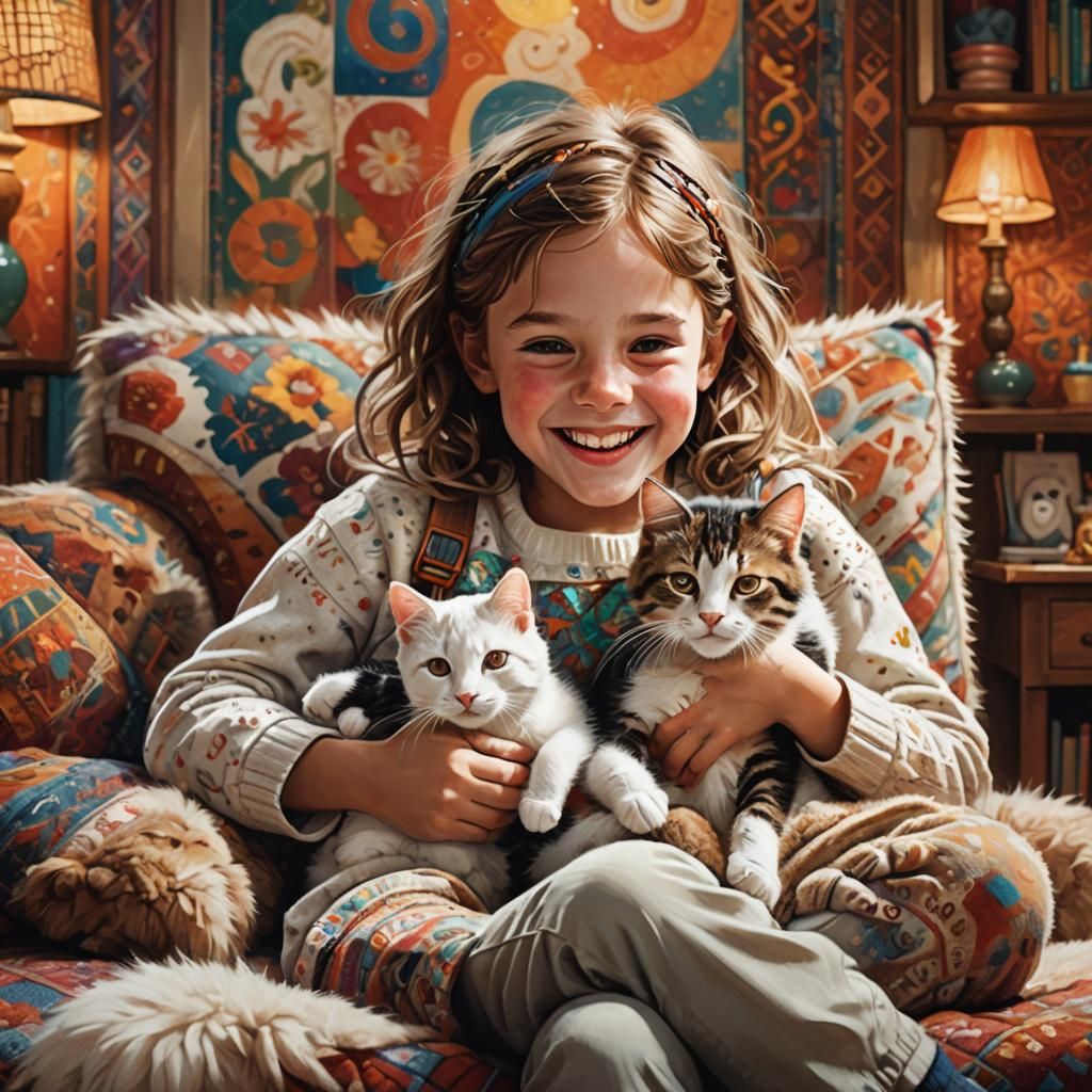 Smiling Children Playing with Cat in Cozy Room