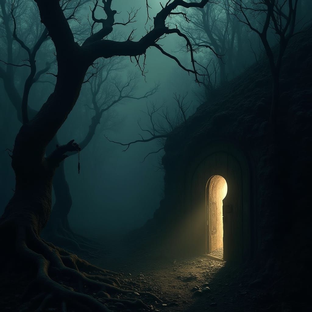 Shadows of Reality: Eerie Landscape with Twisted Trees and C...