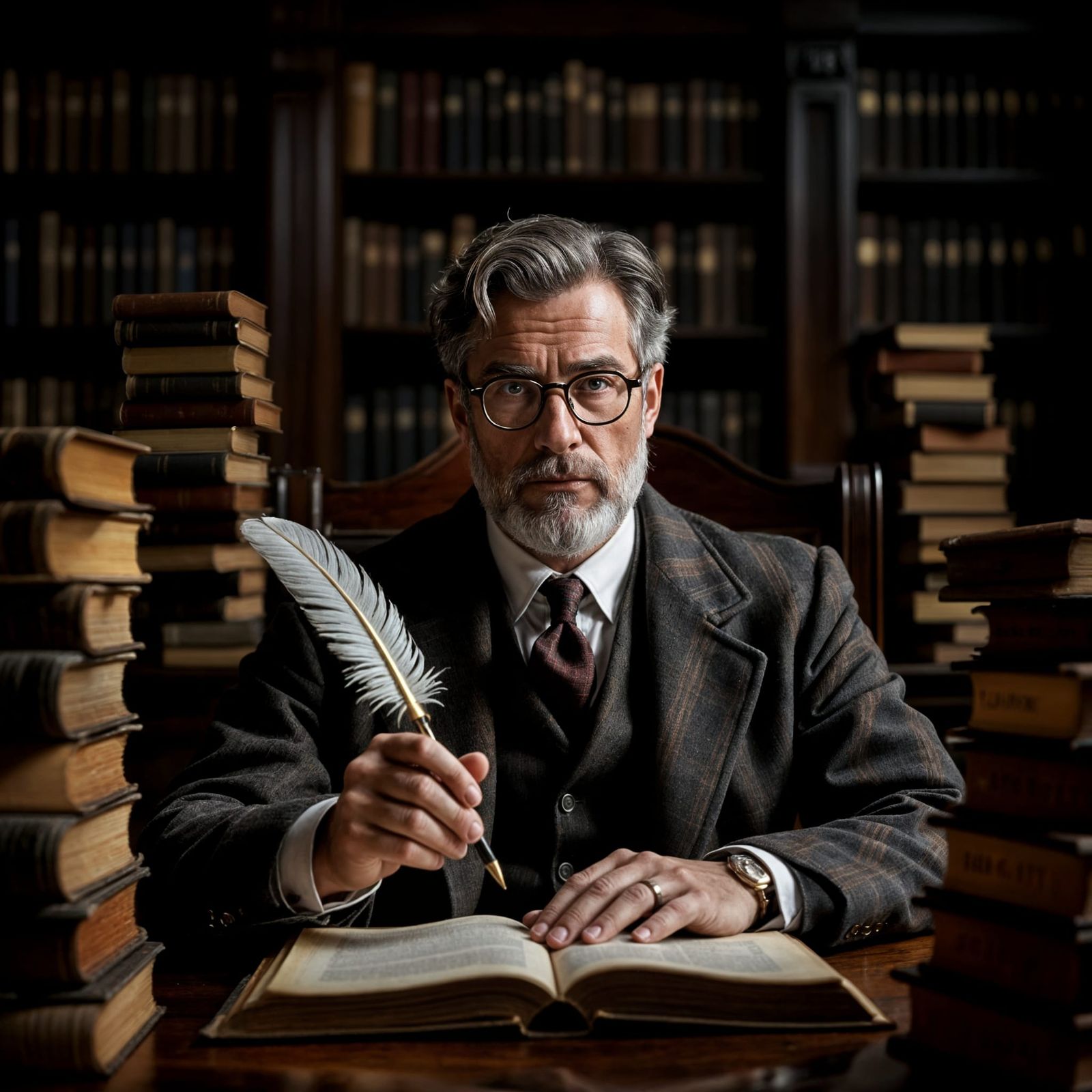 Professor Deep in Thought Amidst Ancient Tomes