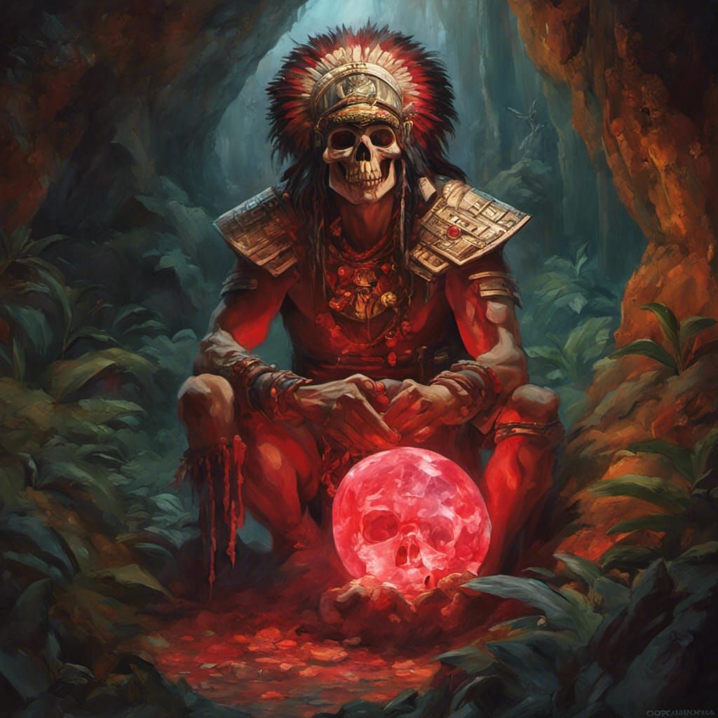 Aztec Warrior with Ruby Skull in Jungle Cave