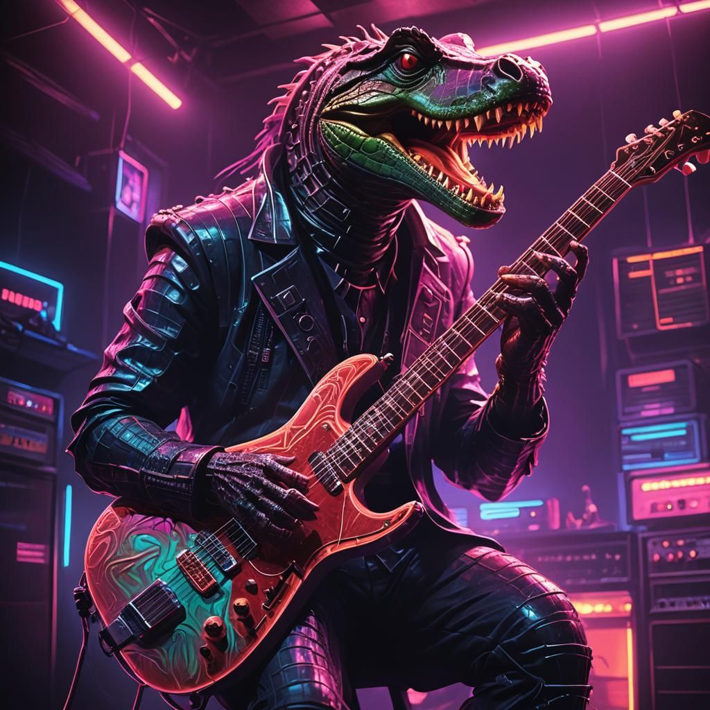 Synthwave Crocodile Plays Guitar in Smoky Club