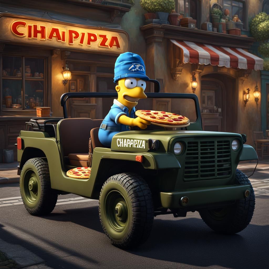 Bart Simpson in Military Vest on Jeep, Detailed Matte Painti...