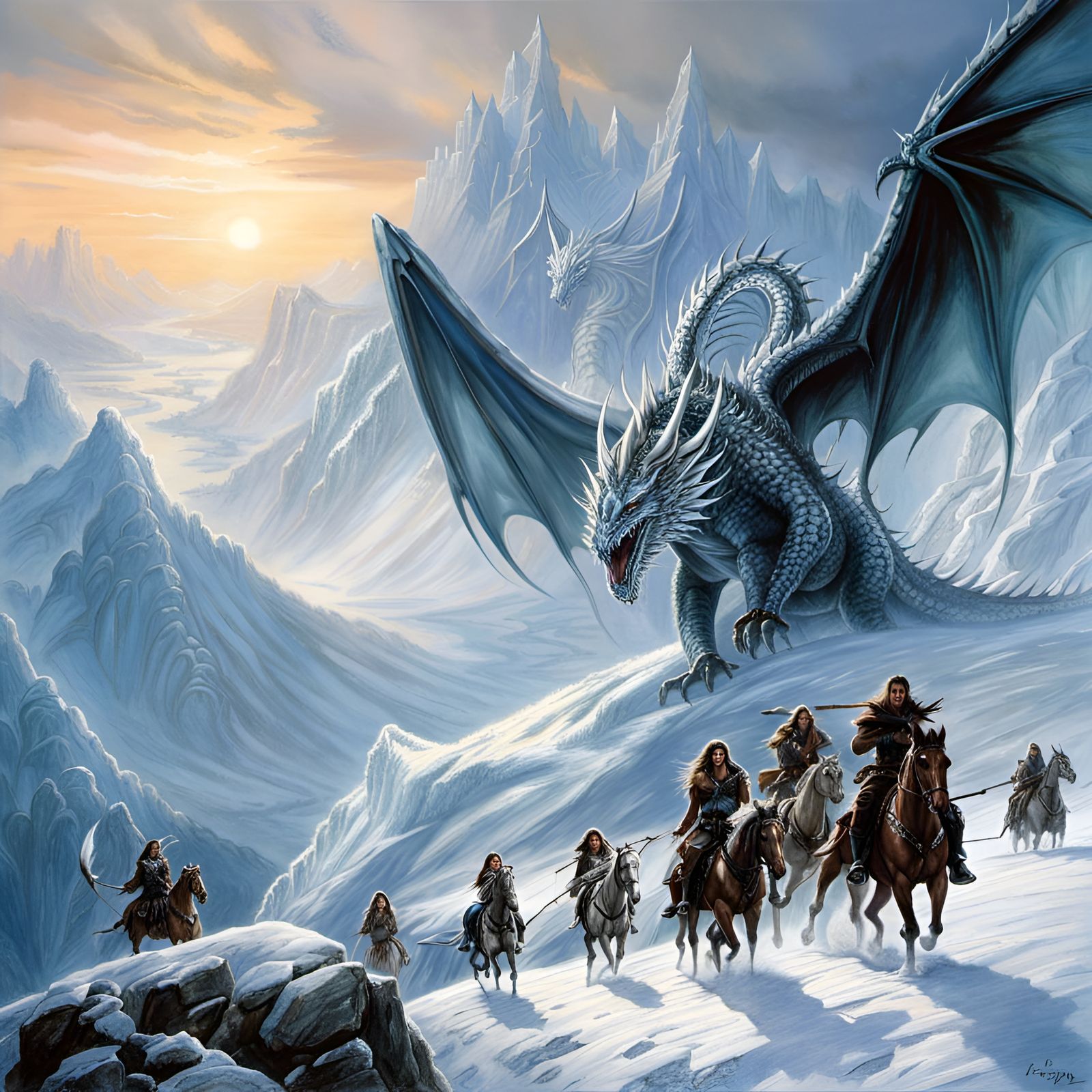 Ice Dragon Hunt in Pastel Dark Fantasy Style
