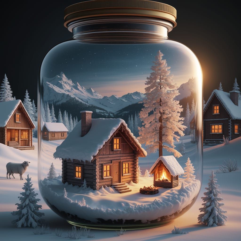 Winter Cabin Scene Inside a Glass Jar
