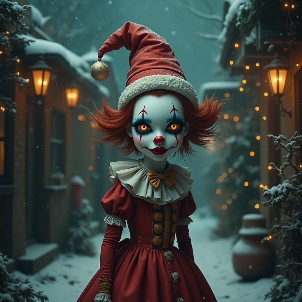 Ethereal Girl Clown in Victorian-Style Christmas Attire, Set...