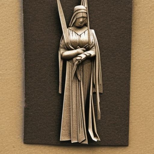 Engraving of an Intelligent Warrior Maiden in Origami Style