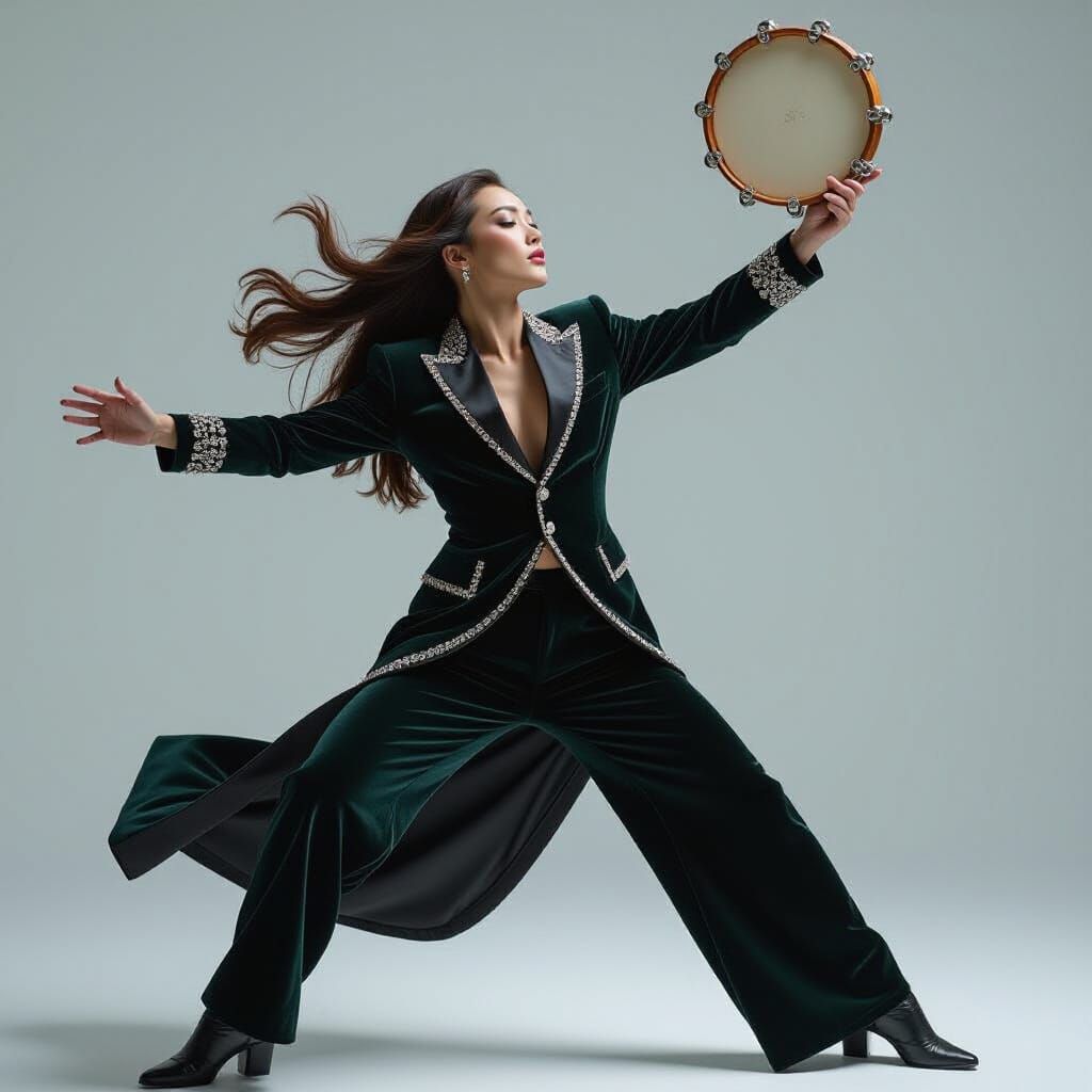 Dynamic Dancer Grabs Tambourine in Futuristic Style