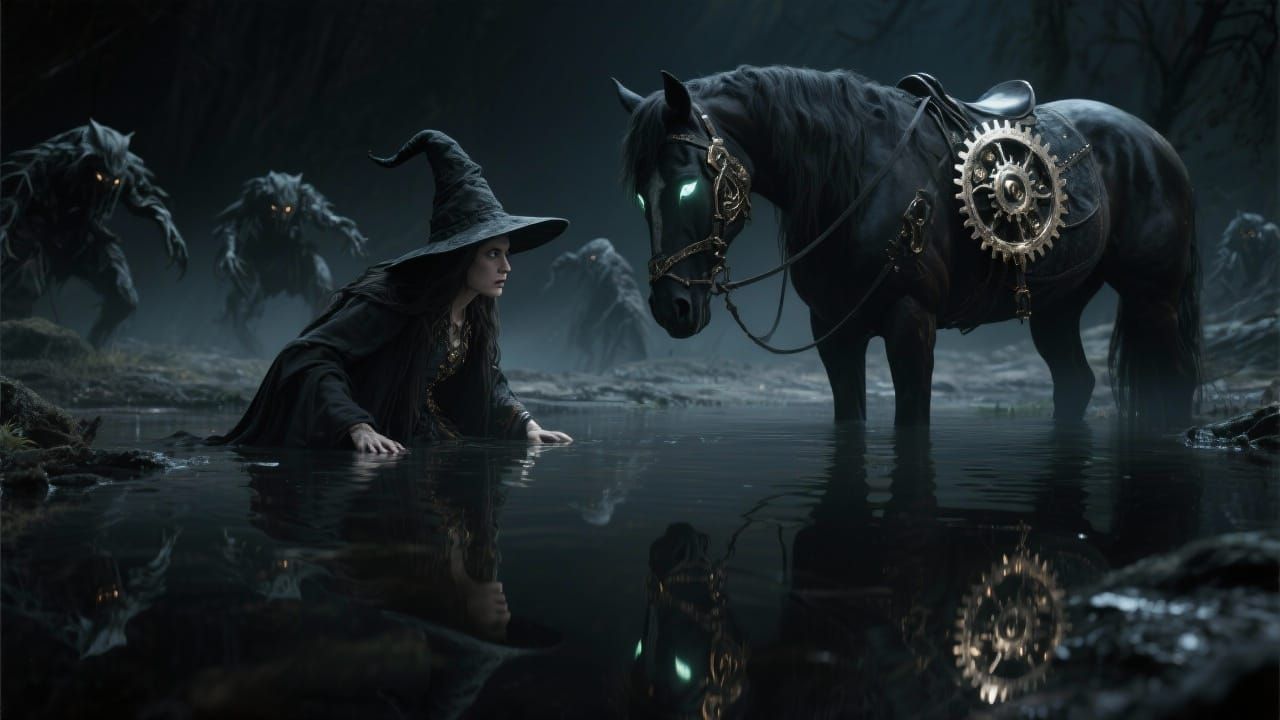 Witch Detects Hidden Foes in Chiaroscuro Water Reflection