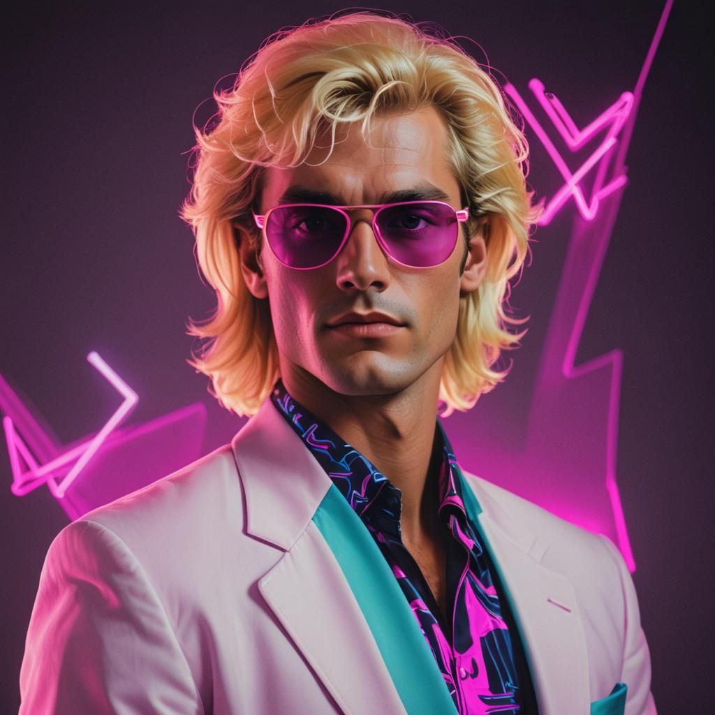 Posh 1980s Miami Man in Synthwave Neon Style